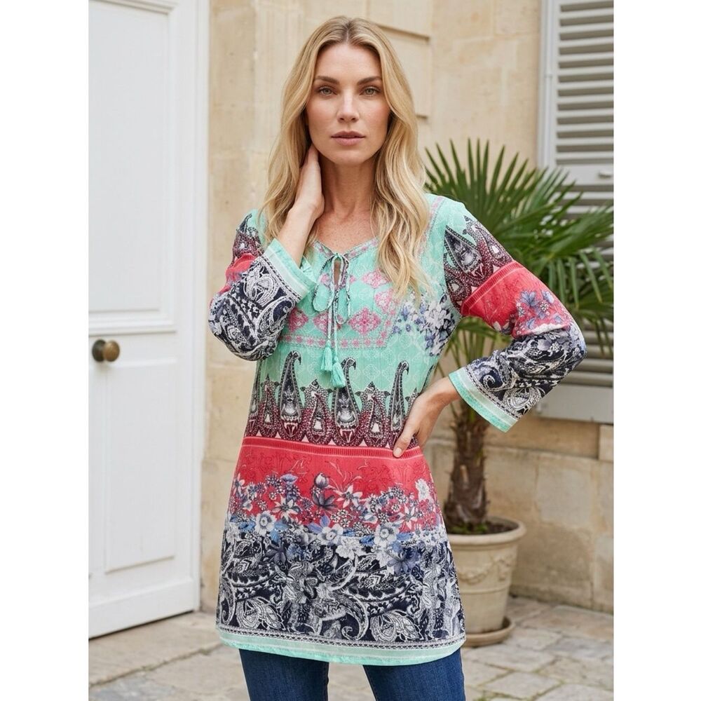 NWT Sakkas Women’s Catrina Boho Mint Green Pink Floral Tunic Blouse - Size Small